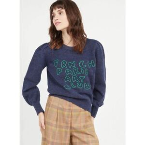 FRNCH Rayana Paris Art Club Cashmere Wool Blend Sweater L Embroidered Puff Sleev